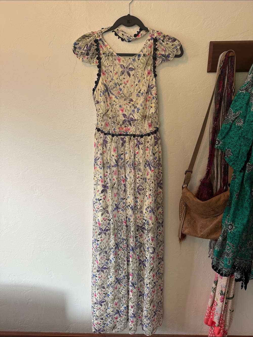 Free People White Floral Maxi Dress with Pink & Purple Accents